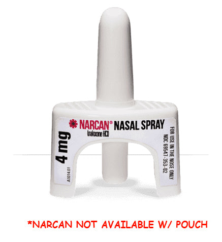 Pochette NARCAN La boucle de ceinture ouverte et le clip avant à dégagement latéral peuvent contenir deux plaquettes de 4 mg de spray nasal